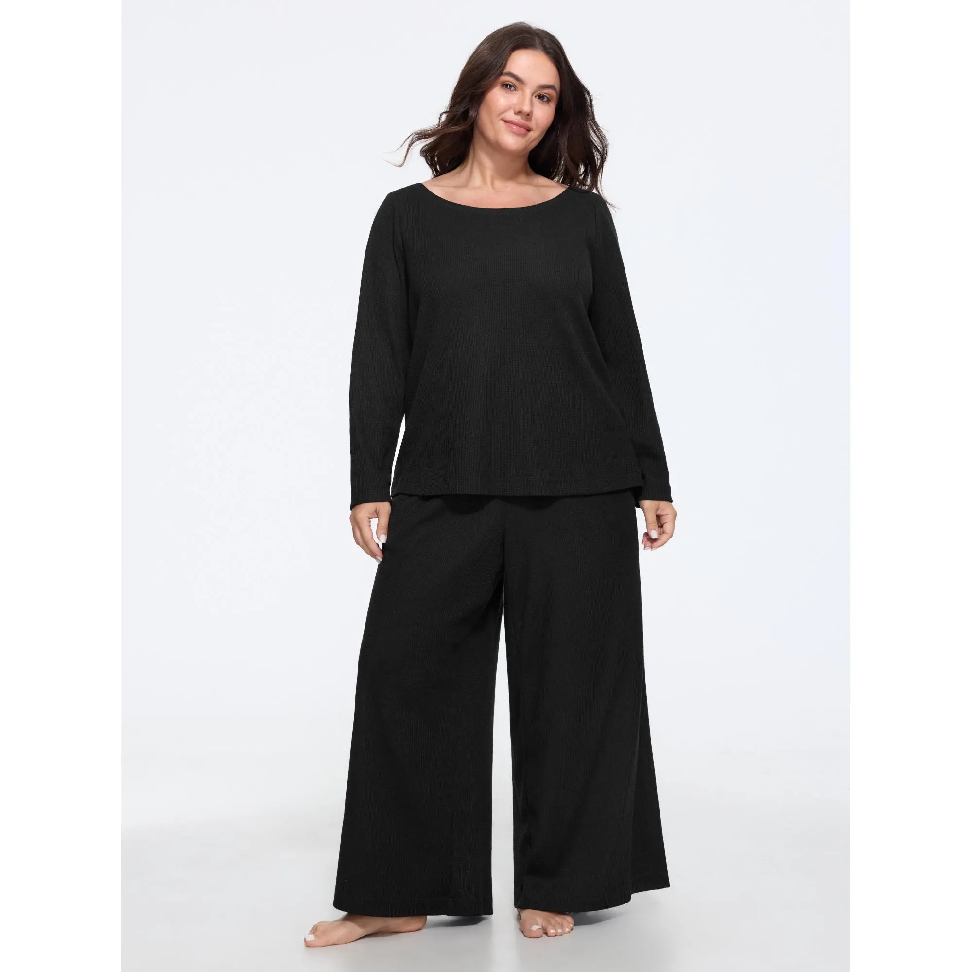 BLOOMCHIC Plus Size Waffle Knit Long Sleeve Loungewear Set[M-6X]Summerfinds