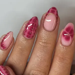 24pcs Clear Nude Base Nail Polish, Manicure, Nail Art, Raspberry Powder Snake Pattern, Gold Foil Edge, Glitter Accent, Medium Almond Shape, Glossy Finish