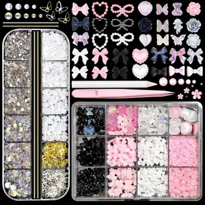 3D Nail Charms Set 3 Color Assorted Bow Flower Heart Star Charms for Nails Acrylic Flatback Pearls Starry AB Crystals Rhinestones Alloy Hollow Butterfly for Manicure DIY Nail Art Design grill many A02-Black+White+Pink