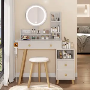 Round Mirror Bedside Cabinet Vanity Table + Cushioned Stool With 2 AC Power + 2 USB socket 17" diameter LED Mirror Touch Control 3-color Brightness adjustable Large desktop Multi-layer Storage