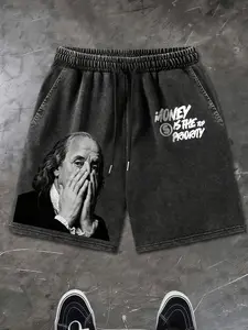 Retro Black Denim Style Shorts for Men, Funny Benjamin Franklin Face Print "Money Is The Top Priority" Shorts, Casual Elastic Waist Drawstring Shorts, Oversized Streetwear Shorts for Summer Beach Gym Skateboarding Daily Outfits, Casual Sporty Shorts