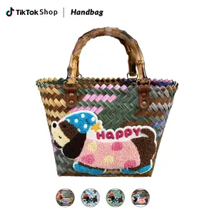 Cute Dachshund Dog Handbag,Fashionable Novelty Bag for Women,Tote Bag,Handmade Woven Bag,Small Square Bag,Bamboo Handle Straw Bag Natural Basket Bag for Shopping,Pet Lover Gift