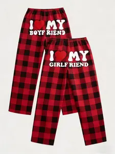 I ❤️ MY BOYFRIEND/GIRLFRIEND Couple Plaid Pajama Pants Set | Casual Matching Loungewear Bottoms | Soft Plaid Fabric | Bold Romantic Love Aesthetic | Elastic Waistband for Comfort | Eye-Catching Heart & Text Print | Versatile Home Wear Nightwear
