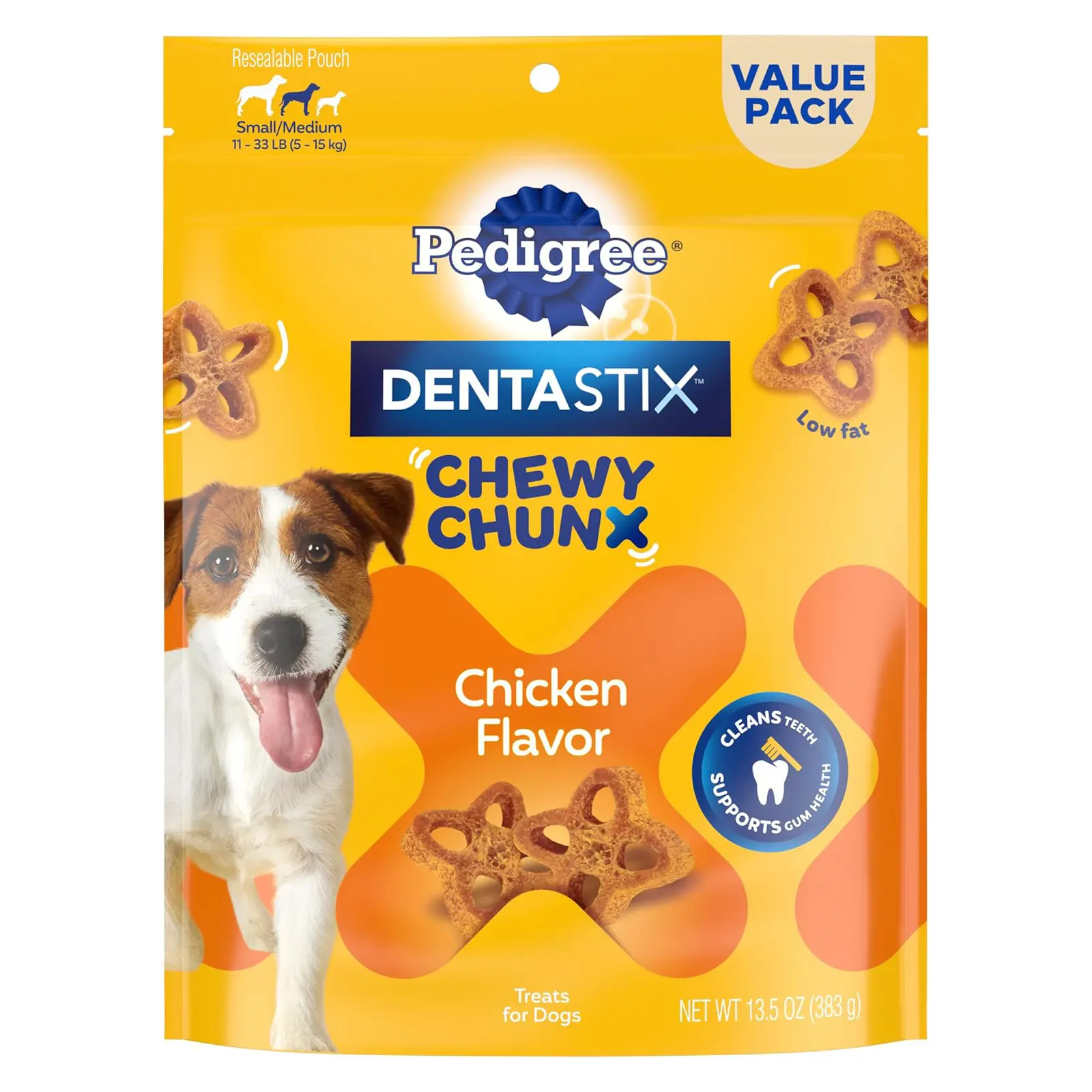 Pedigree Dentastix Chewy Chunx Small Dental Dog Treats, Chicken, 13.5 oz Chewy texture reduces plaque, cleans teeth & supports gum health, no added sugar, low fat under 25 calories per treat