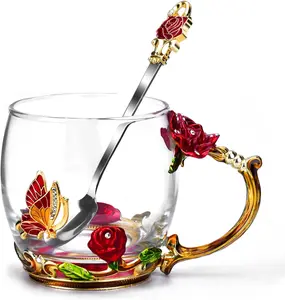 Elegant Enamel Glass Mug with Butterfly & Red Rose Design Perfect for Christmas Valentine's Day Birthday & Mother's Day Gifts for Women Mom Girlfriend Wife