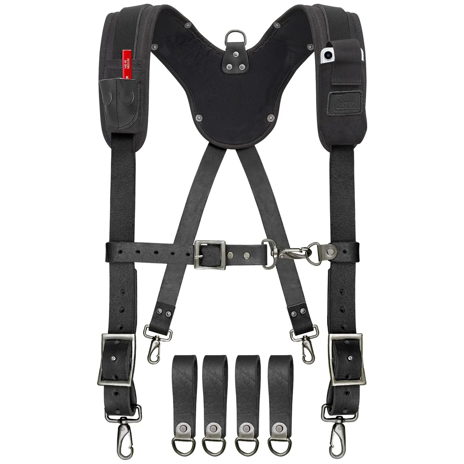 Trutuch Black Leather Work Suspenders With Pockets | Adjustable Padded Leather Tool Belt Suspenders | Carpenter | Construction | Handyman