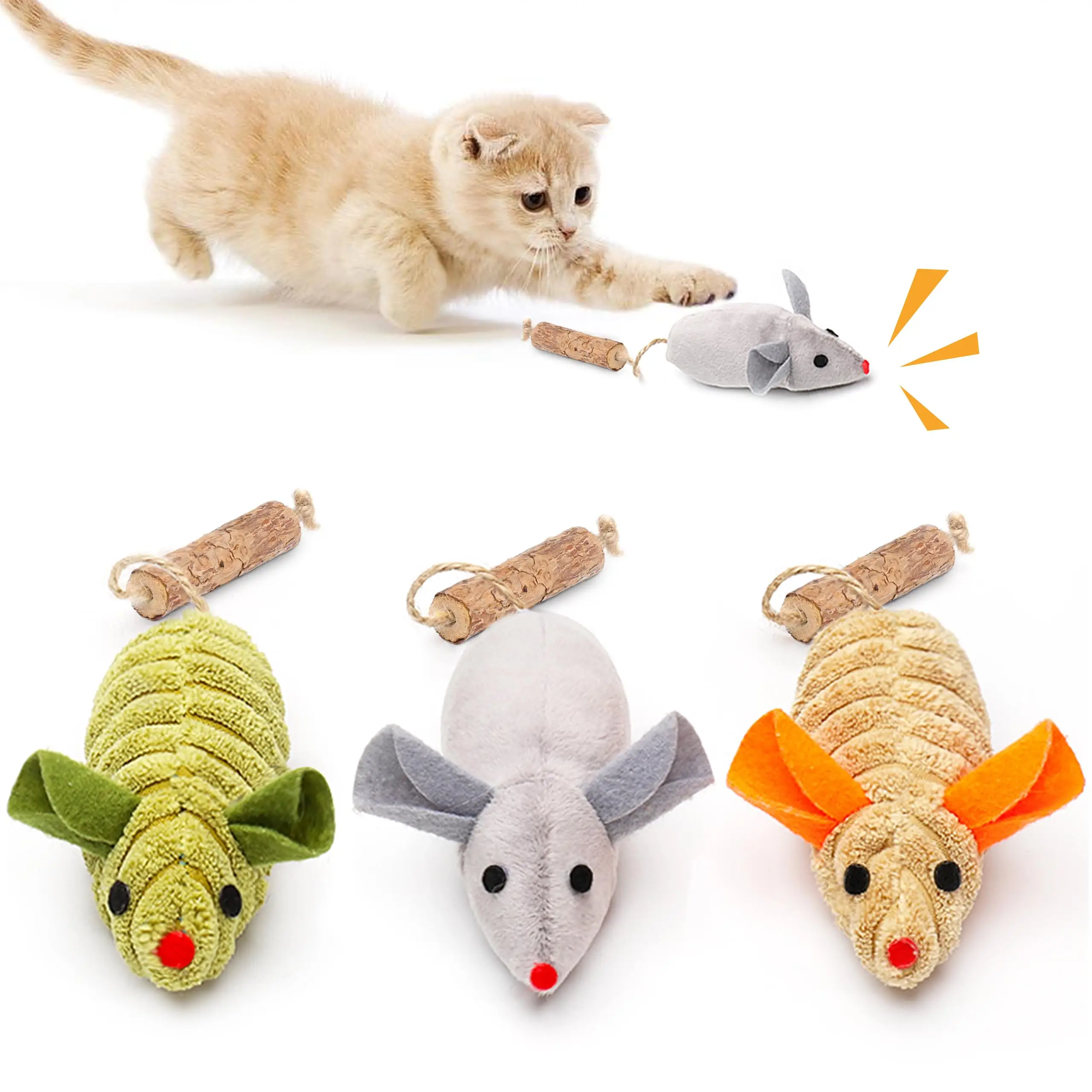 Potaroma 3Pcs Squeak Mice Cat Toys, Interactive Catnip Silvervine Animals Toys for Indoor Kittens, Dental Matatabi Cat Nip Chirping Toy, Cat Chew Exer