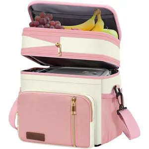 Lunch Bag & Lunch Box  Women Men, Double Deck Leakproof Insulated Soft Large Adult Camping Cooler bag  Work, Beach, Picnic, Travel (Pink White, 15L)