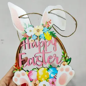 Easter Bunny Wooden Door Sign, Creative Spring Flower Rabbit Welcome Plaque, Easter Wood Hanging Decor for Party Entrance
