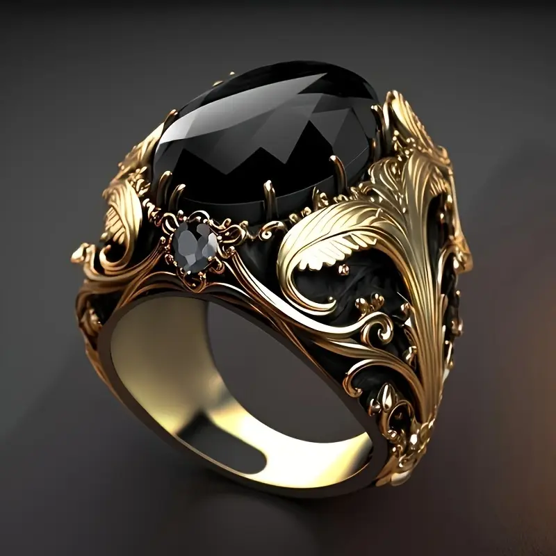 Vintage Men's Ring with Black Oval Artificial Hinestones, Copper Craftsmanship, Retro Golden Finish, Daily Casual Single Ring, Ideal Jewelry Gift for Both Men and Women Marquise Cut Ring