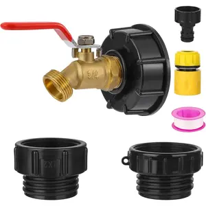 275-330 Gallon IBC Tote Hose Adapter,3-Size IBC Tote Adapter, 2.44" Fine?2 "Fine, and 2" Coarse Thread,3/4" Male NPT Inlet x3/4" Male GHT Brass Hose Faucet Garden Hose Connector (Red handle)