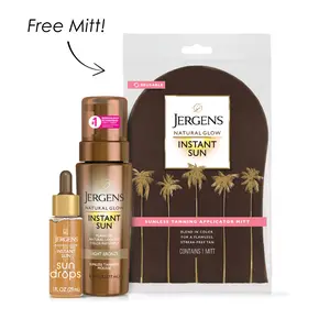 Jergens Natural Glow Instant Essentials Bundle - Instant Sun Drops, Sunless Tanning for Face and Body, Instant Sun Bronzing Drops, Oil Free, 1 Fl Oz - Instant Sun Sunless Tanning Mousse in Light, Deep, Or Ultra Deep Bronze - + Free Applicator Mitt