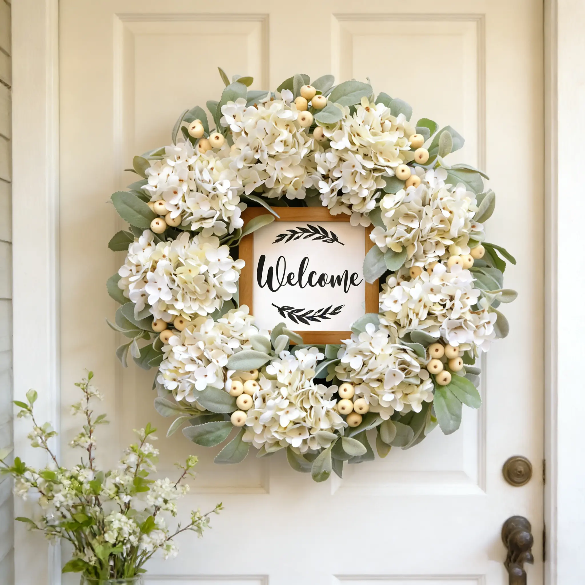 22 Inch Autumn Hydrangea Floral Wreath for Front Door with Lamb's Ear & Berries, Farmhouse Fall Decor Indoor Outdoor Wall Window Wedding Party Decor, Ideal for Bloom Fancy Nancy Theme Party