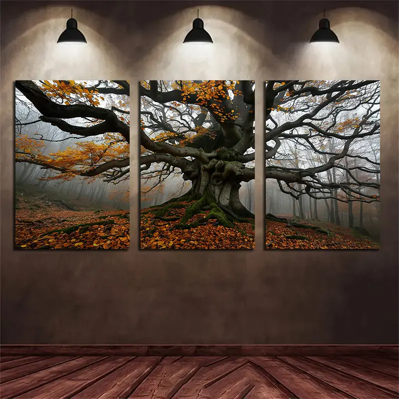 3-Piece Framed Canvas Wall Art Print Set - Eco-Friendly Nature Art Forest Scene, Artistic Old Tree with Thick Branches in Mist, Easy Hanging via Hardware Kit, Modern Home Decor, Gift Idea Ay3770, Uv Resistant