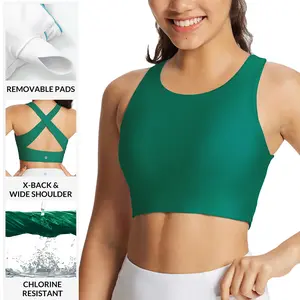 baleaf Women's Swim Bra Modest High Neck Bikini Tops Quick Dry UPF 50+Bathing Suit Sports Workout Removable Padded Beach Swimming Exercise Activewear