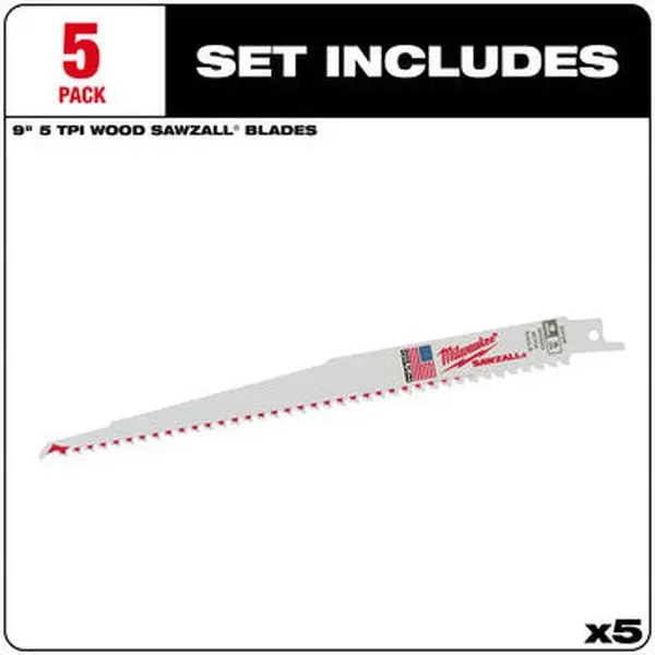 Milwaukee 48-00-5036 5-Pack 9in 5 TPI Sawzall Blades - Heavy-Duty Wood Cutting Tool with Longer Teeth, Default Design, Fastest Cuts, Extended Lifespan