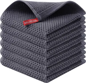 Kitinjoy 100% Cotton Kitchen Dish Cloths, 6 Pack Waffle Weave Ultra Soft Absorbent Dish Towels for Drying Dishes Quick Drying Kitchen Towels Dish Rags, 12 X 12 Inches, Dark Grey
