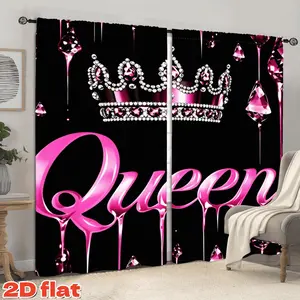 2D Flat 2Pcs Pink Crown Queen Pattern Curtain Panel, Dripping Diamond Design, Pole Pocket Style, Semi Sunshade Polyester Fiber, Suitable for Home Living Room, Bedroom, Balcony, Kitchen, Study and Shower Window Decoration, Christmas Gift Decora