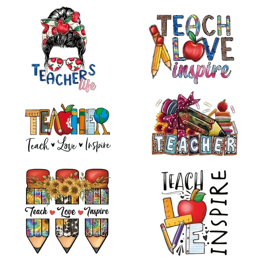 6 Pcs Teacher Theme Iron-On Transfers, Heat Transfer Stickers for Clothing, DIY Fabric Bag Design, Handcraft, Craft Supplies, DIY Decoration, Easy Application, Durable Material