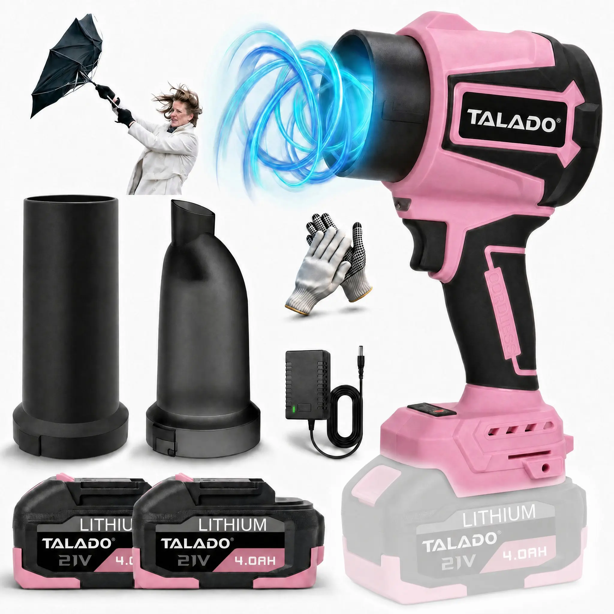 21V Pink Brushless Cordless 2-in-1 Leaf Blower Vacuum, 40000RPM Handheld Tool with 2x4.0Ah Batteries, 1x Dust Suction Tube, 1.37 lbs for Home, Vehicle, Outdoor Camping