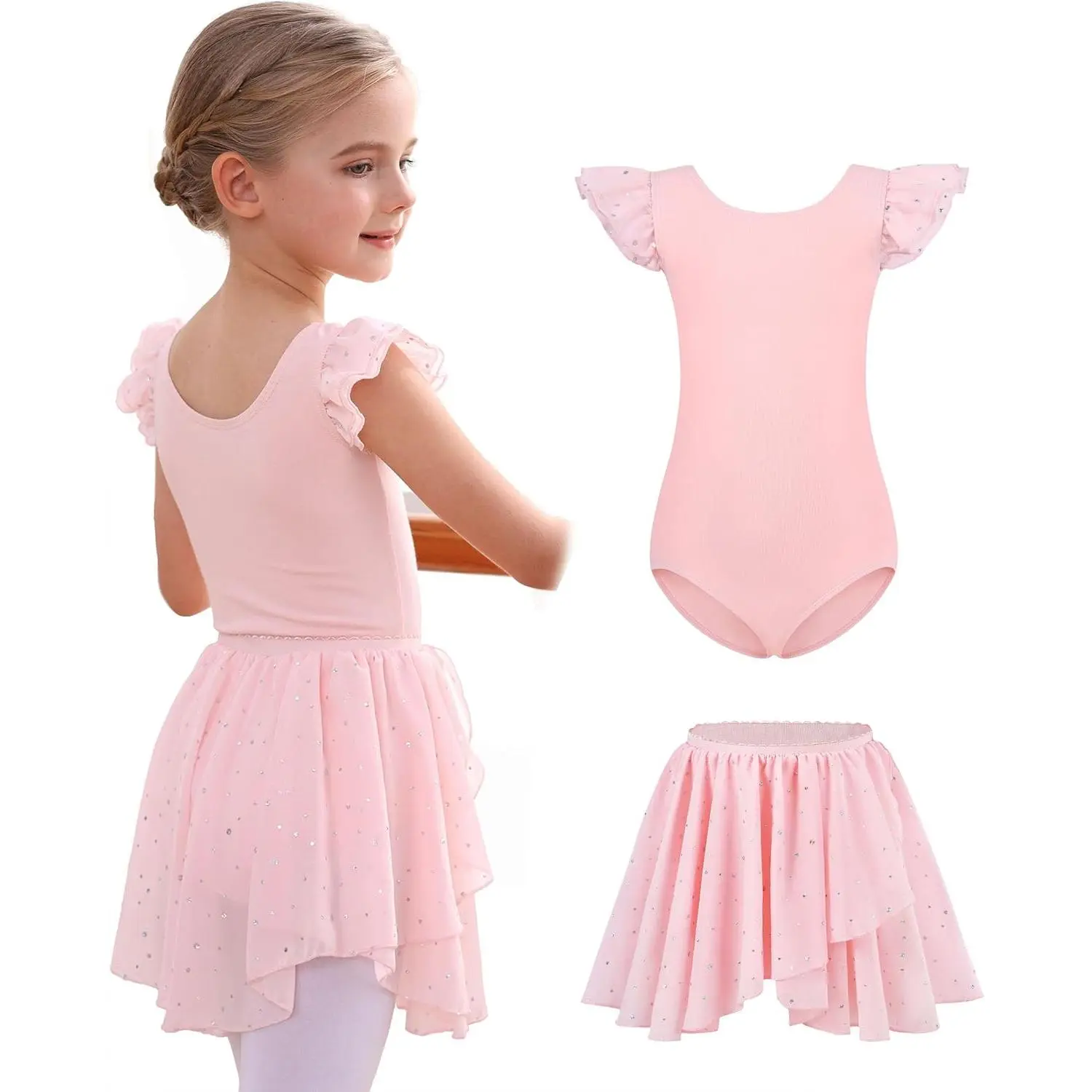 Girls' Stretch Cotton Scoop Neck Leotard Dress with Ruffle Sleeves and Attached Swallowtail Skirt, High-Recovery Ballerina Dancewear for Class