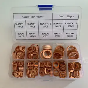290pcs Copper Sealing Washers Set M5-M16, Flat Gaskets Kit with Box, Marine Grade Oil Seal Rings, Durable Hardware Accessories
