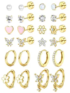 GANIA 12 Pairs Hypoallergenic Flat Back Earrings - 18K Gold Plated, Nickel-Free & Lead-Free, Surgical Steel Stud Earrings with Screw Back Small Hoop Cartilage Earrings Set, Mix & Match Styles for Sensitive Ears, for Women Girls Toddlers Kids