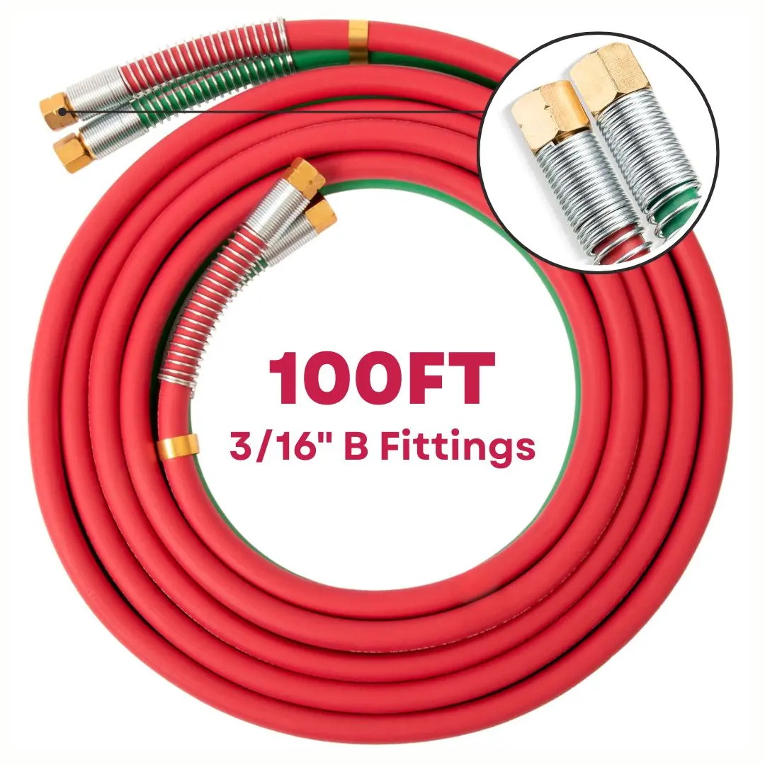 100FT 3/16" Oxy Acetylene Grade T Hose Set + Strain Reliefs - B Fittings