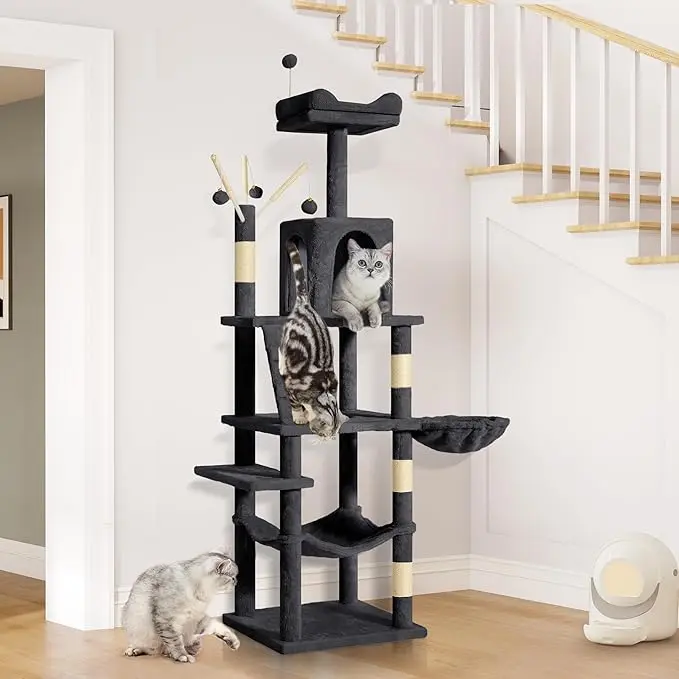 YITAHOME 44/64.5 Inch Cat Tree Multi-Level Cat House with Perch Hammock, Scratching Posts & Dangling Balls for Medium & Small Cats and Pets