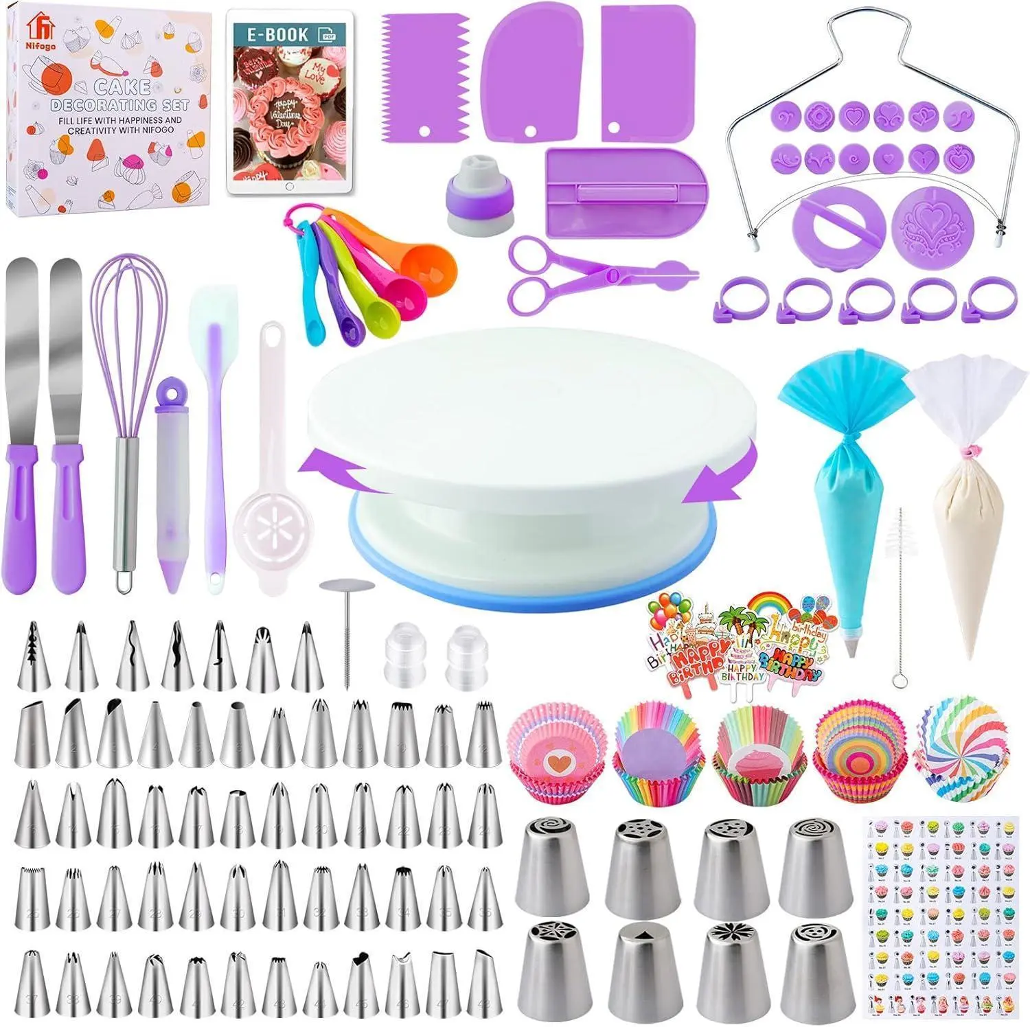 356-Piece Basic Cake Decoration Accessory Kit for Beginners - Complete Kitchen Bakeware Decorating Set with Revolving Turntable, Icing Tips, Piping Bags, Fondant Molds, Essential Tools