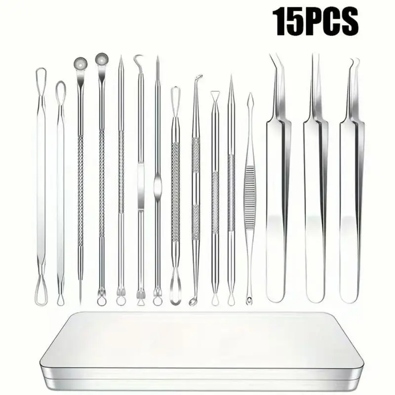 15-Piece Medical-Grade 410-Stainless Steel Blackhead Extractor Tool Kit, Travel-Ready Set with Deep Pore Extractors & Pimple Popper for Acne Removal, Durable Metal Storage Case (Home Supplies, Party Gift Option)