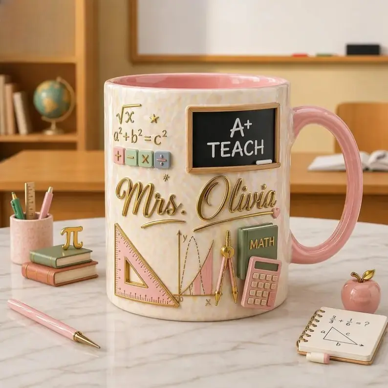 Custom Name Teache Flat 2D Print Mug, Faux 3D Effect Mug, Back to School Mug, Personalized Teacher With Name Coffee Cup, Teacher Appreciation Gift,  Flat Print Ceramic Cup Drinkware Tumbler