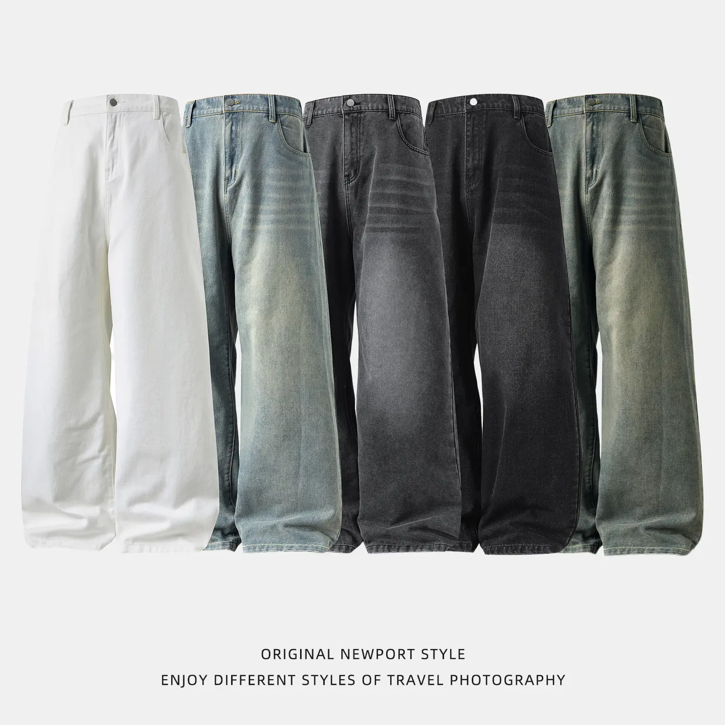 Men's Casual Wide-Leg Solid Color Jeans​ Featuring a loose fit, mid-rise waist, and regular length, these jeans are designed with a zipper closure. Suitable for year-round wear, they offer casual comfort for daily occasions. Natural Menswear
