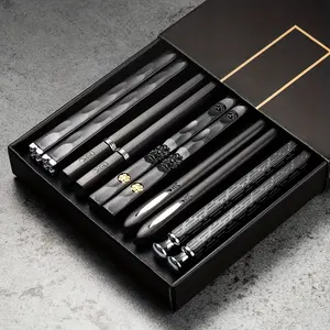 New Black Silver Wooden Alloy Chopsticks Premium Stainless Steel Metal Cutlery Set Modern Design Non Slip Textured Grip Heat Resistant Durable Reusable Dining Utensils for Home Restaurant Asian Food Sushi Ramen Noodles Elegant Tableware Gift