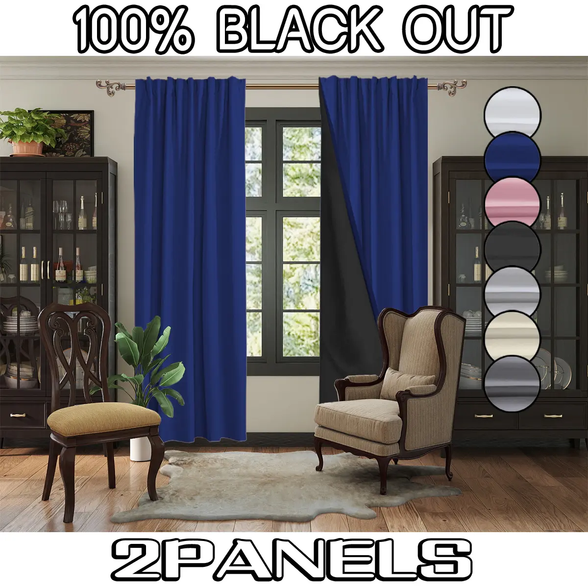 2-piece set, Home curtains, Blackout Bedroom Curtains, Thermal Insulated Curtain, noise reduction and thermal insulation, made of polyester, designed with retro laminating technology, hanging through poles, suitable for home and office