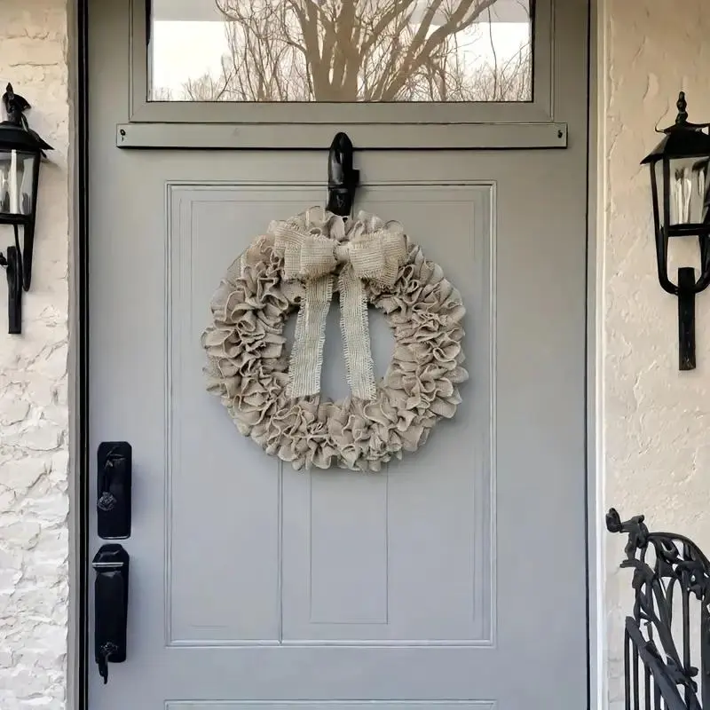 Rustic Burlap Wreath with Large Bow, Neutral Color, All-Season Farmhouse Decor, Housewarming Gift, Front Door or Wall Decoration, Door Decorations, Hangable, Hanging Home Decor, Lightweight, Decoration Items