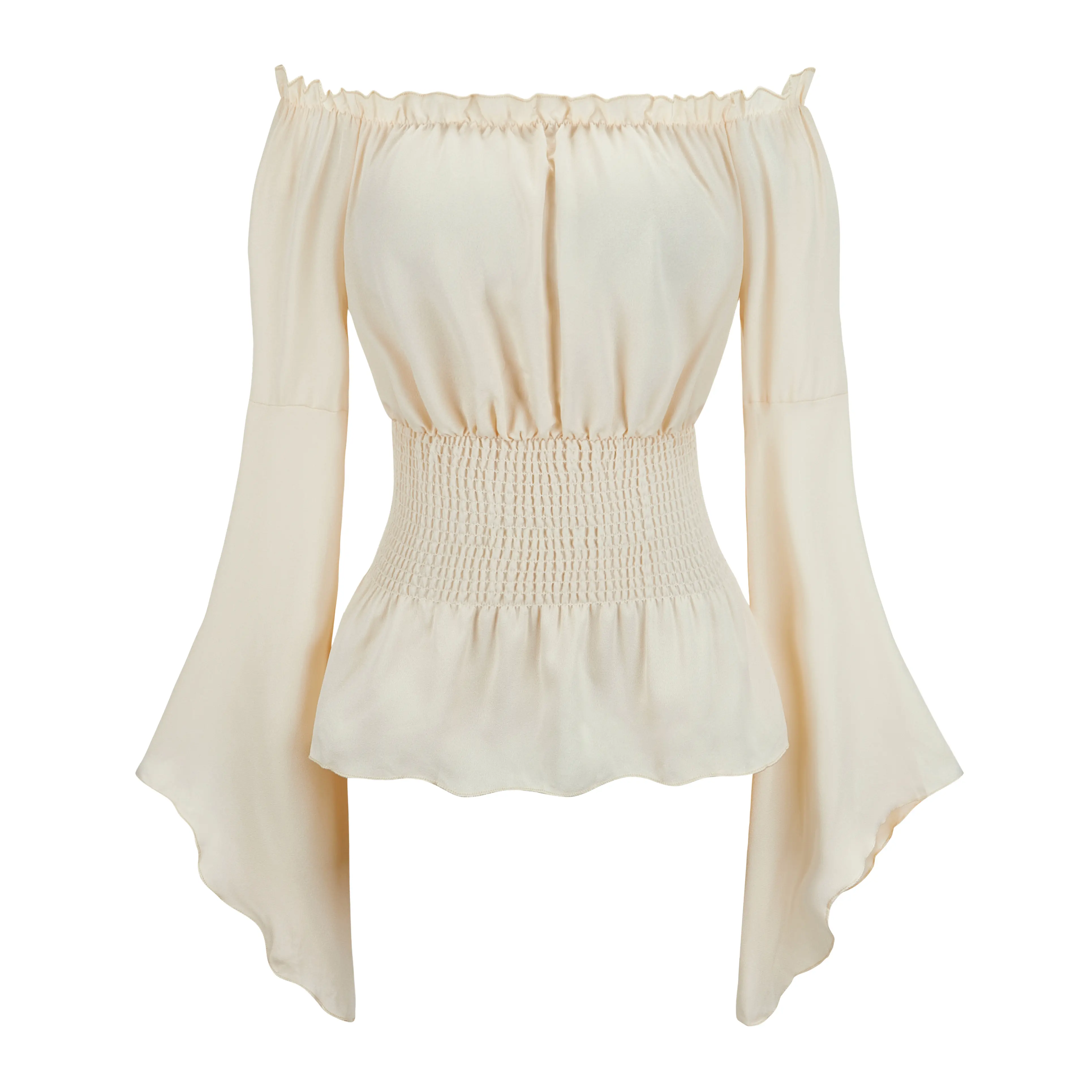 Renaissance Shirt Blouse Off Shoulder Trumpet Long Sleeve Peasant Tops Medieval Victorian Costume 6530-D1