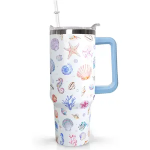 Ceovfoi 40 Oz Insulated Skinny Rainbow Seashells Tumbler - Vacuum Flask Water Bottle Coffee Mug with Handle, Lid, Straw, Colorful Watercolor Ocean Drinkware for Birthday Gifting, Travel Use