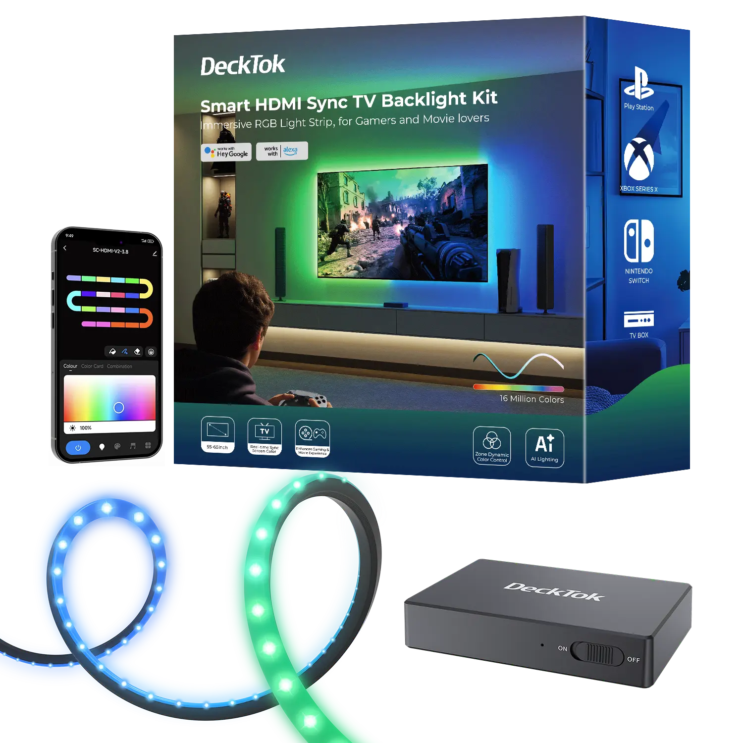 3-Side Light Wash HDMI Sync TV Backlight - Alexa-Controlled, Beat-Sync, Color-Changing, Illuminated RGB LED Strip Lights for Gaming, Movies, Alexa-Controlled Led Strip Lights Rgb Colorful Led Rgb Led Effects