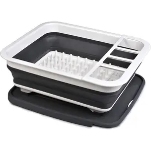 Pop-Up Collapsible Dish Drying Rack: Convenient Storage, Drains into Sink, Eight Large Plate Capacity, Sectional Cutlery and Utensil Compartment. Compact and Portable Design.