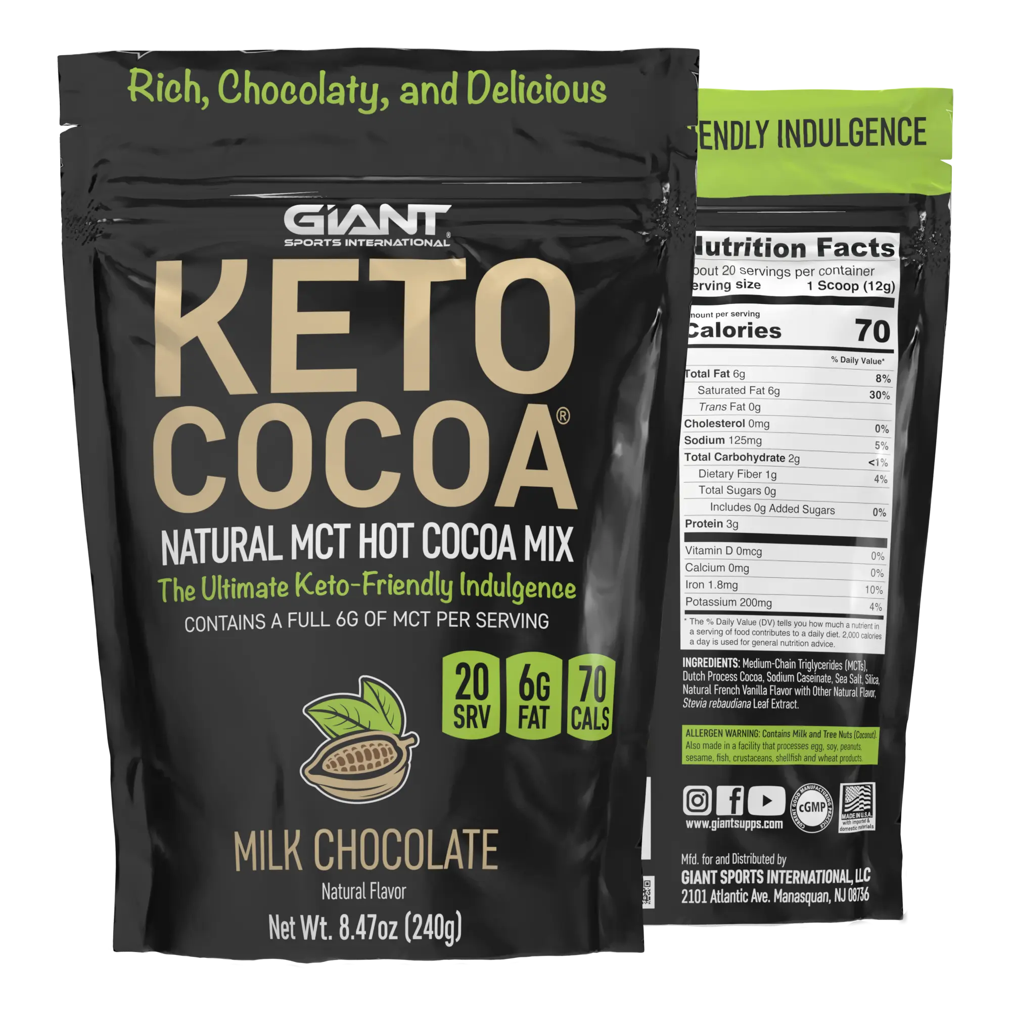 Keto Cocoa | Delicious Sugar Free Instant Hot Chocolate Mix with 6g of MCTs for Ketogenic Diet Low Carb Lifestyle | No Gluten | 20 Servings