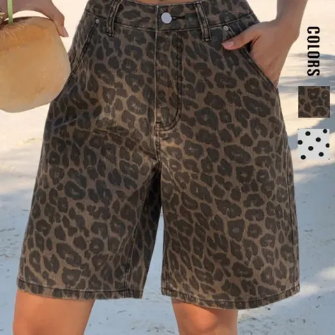 Women's Leopard Print Denim Mid-Thigh Shorts, Casual Summer Jean Shorts with Button, Comfortable & Stylish, Perfect for Daily Wear