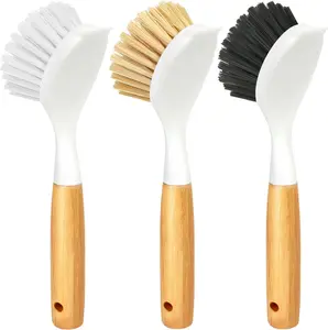 3 Pack Dish Brush Set with Bamboo Handle Tough Bristles for Cast Iron Grill Pan Yellow White Black Durable Kitchen Brushes for Cleaning Pots Sink and Stove
