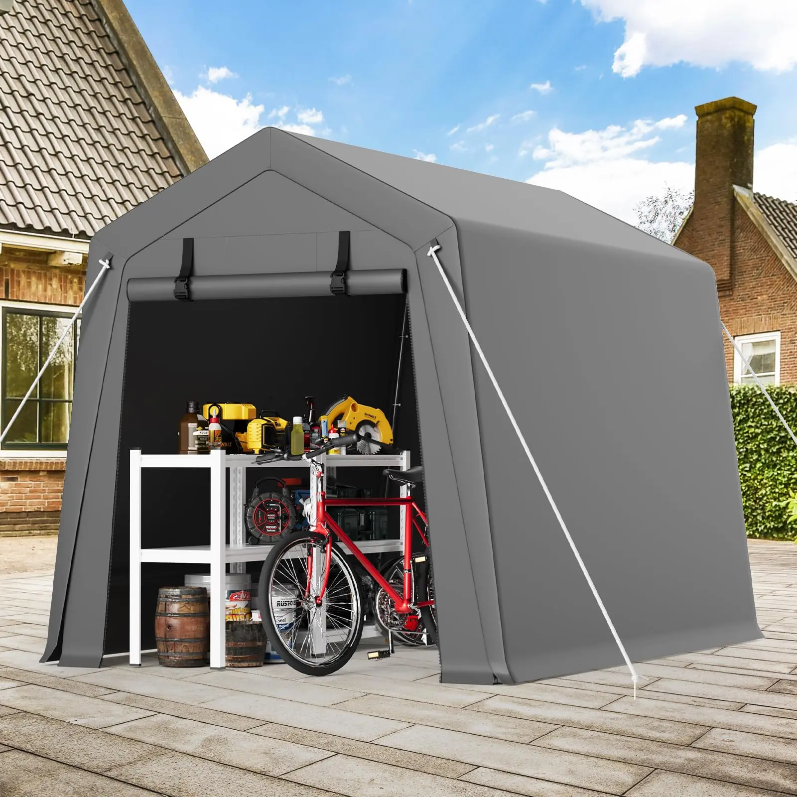 GARVEE 6'x8' Outdoor Portable Storage Shed, Waterproof & UV-Resistant Garage Shelter with 2 Roll-Up Zipper Doors, Anti-Snow Carport Tent for Motorcycle, Bike, and Outdoor Equipment, Gray