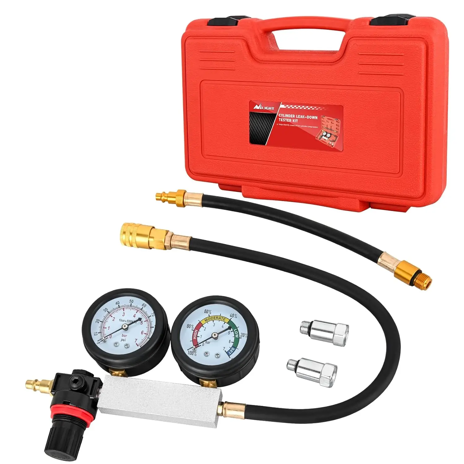 Nilight Dual Gauge Metal Cylinder Leak Down Tester Kit - 0-100 psi Gas Engines Diagnostic Tool, Automotive Car & Truck Repair Set with 10/12/14mm Spark Plug Adapters