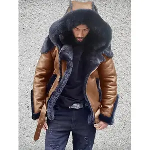 Winter Pu Thickened Leather Men's Jacket Velvet Motorcycle Coat Imitation Leather Jacket Artificial Leather Hot Zipper Jacket solid color Washed Destroyed Sandwich Print Hoodie casual loose-fit men