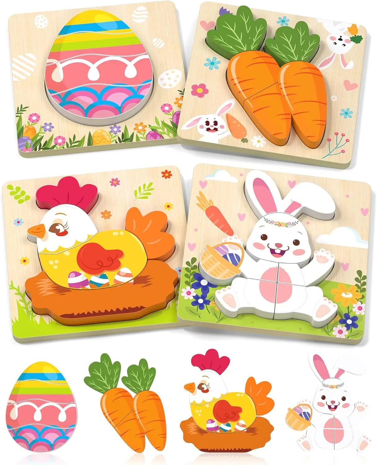 Easter Theme Wooden Cube Puzzles, 4 Pack Montessori Play Toys for 4-6 Years Old Toddlers, Easter Basket Stuffers Party Favors Birthday Gifts Essentials for Kids, Cube Puzzle