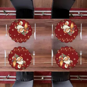 4pcs/6pcs 40x40cm Polyester Christmas Placemats, Petal Edge Design, Retro Santa Claus, Snowflake Ornament, Tableware Decor
