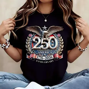 250 United States Of America 1776 2026 Anniversary Eagle And Stars Print T Shirt Crewneck Casual Wear For Independence Day Celebration,Unisex Street Top