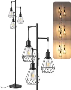 70IN Farmhouse Floor Lamps for Living Room, Dimmable Industrial Tall Standing Lamps 3 LED Edison Bulbs Included, Diamond-Shaped Cage, Rustic Tree Corner Light for Bedroom, Office, Black